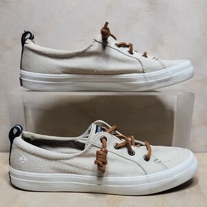 Sperry Beige Cream Canvas Boat Shoes Tan Leather Laces Women 7 M
